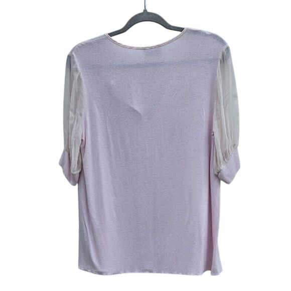 Lola & Sophie Womens 100% Silk Light Pink Top Small Sheer Ribbed Contrast Tee - Picture 5 of 9